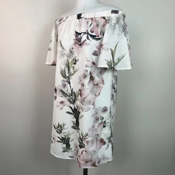Lulus Shift Dress Small Ivory Floral Off-the-Shoulder Short Sleeve Women's - Picture 6 of 14